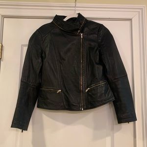 Zara Black Leather Jacket with Zipper Detail, Size Large